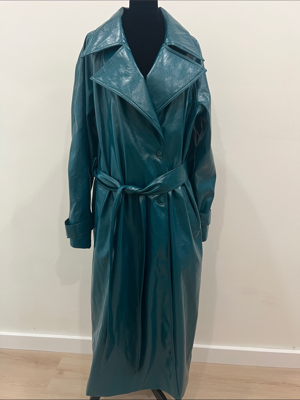 ASHLEY GRAHAM teal faux leather trench coat